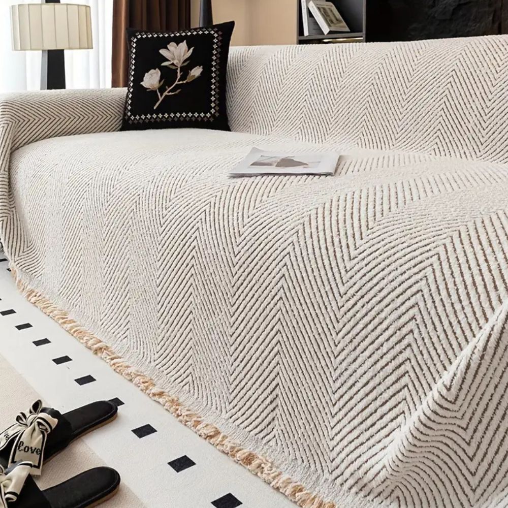 Herringbone Couch Cover in Ivory Sand — woven sofa throw, Japandi textiles Australia