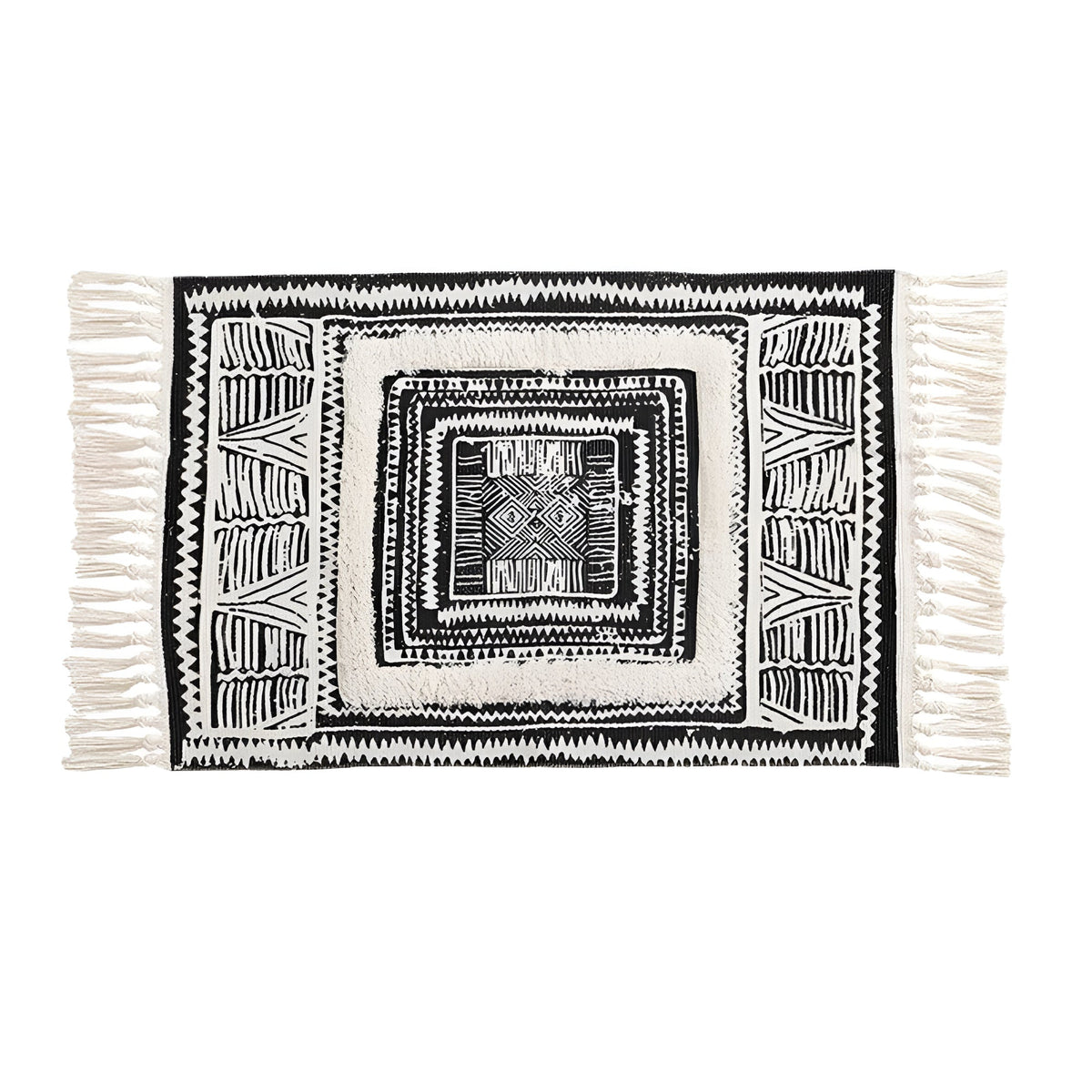 Geometric Tassel Floor Mat flat lay showing pattern — black and white rug, Japandi Australia
