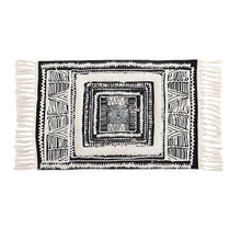 Geometric Tassel Floor Mat flat lay showing pattern — black and white rug, Japandi Australia