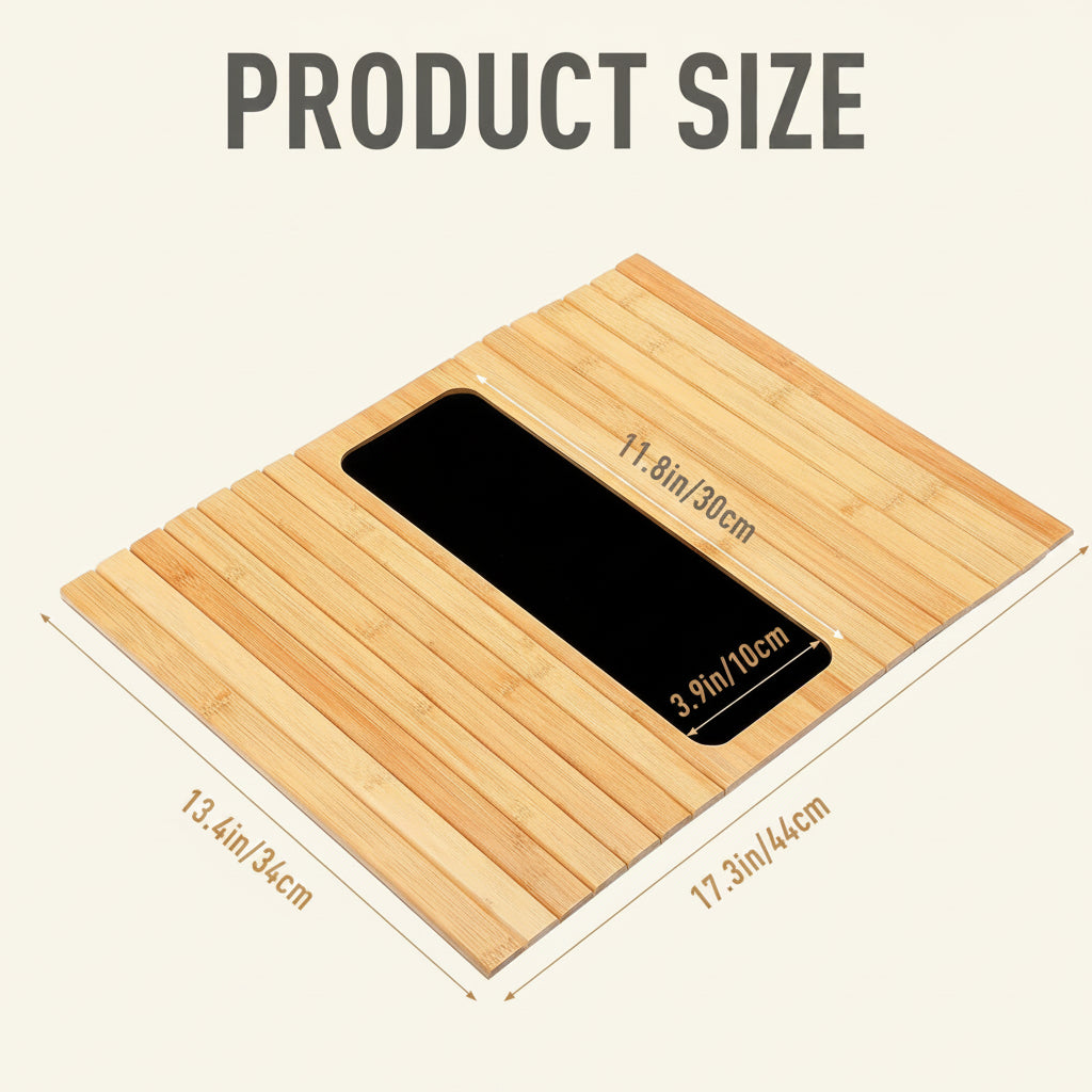 Bamboo sofa arm tray holding a coffee cup and phone — minimalist living-room decor Australia