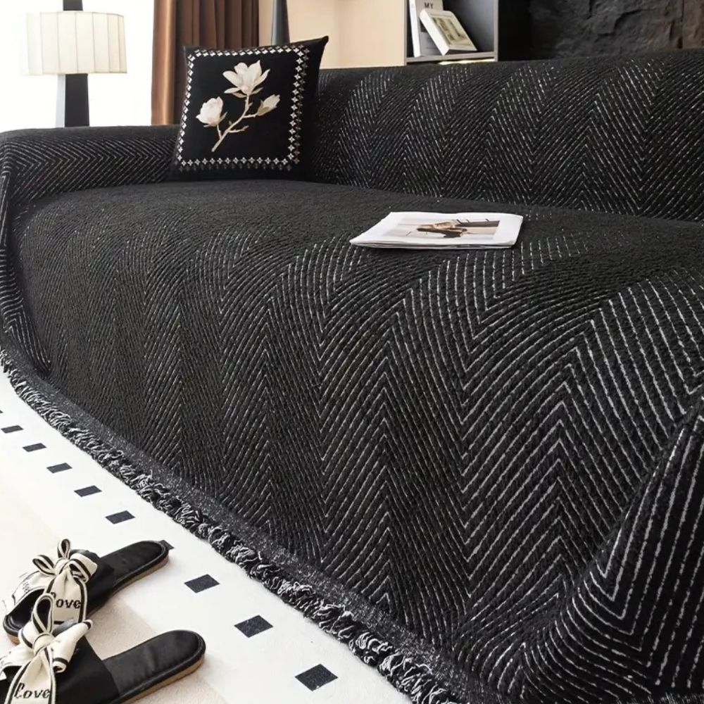 Herringbone Couch Cover in Midnight Black — quilted sofa throw, Japandi home textiles Australia