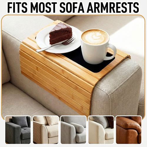 Bamboo sofa arm tray with non-slip padded base on armrest — functional Japandi decor Australia