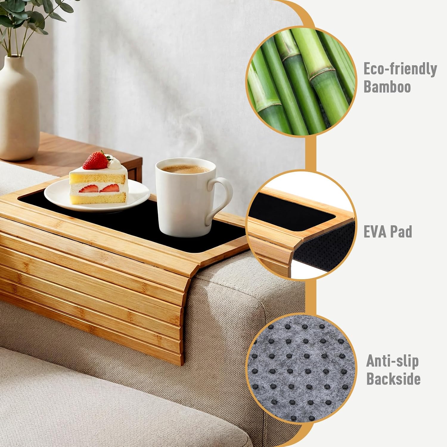 Bamboo arm tray detail showing smooth grained surface — natural bamboo Japandi decor Australia