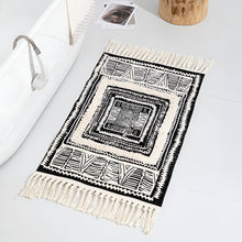 Geometric Tassel Floor Mat styled in a room — abstract pattern rug, Japandi home decor Australia