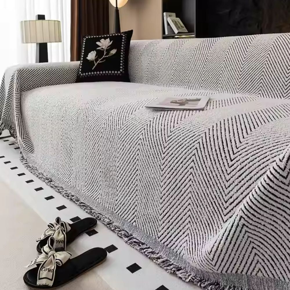 Herringbone Couch Cover in Charcoal Weave — woven sofa throw, Japandi home decor Australia