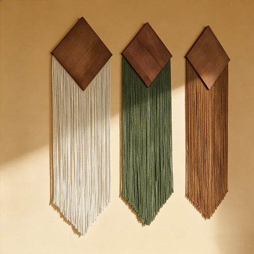 Diamond macramé wall hanging — hand-knotted cotton with tassel fringe, Japandi wall decor Australia
