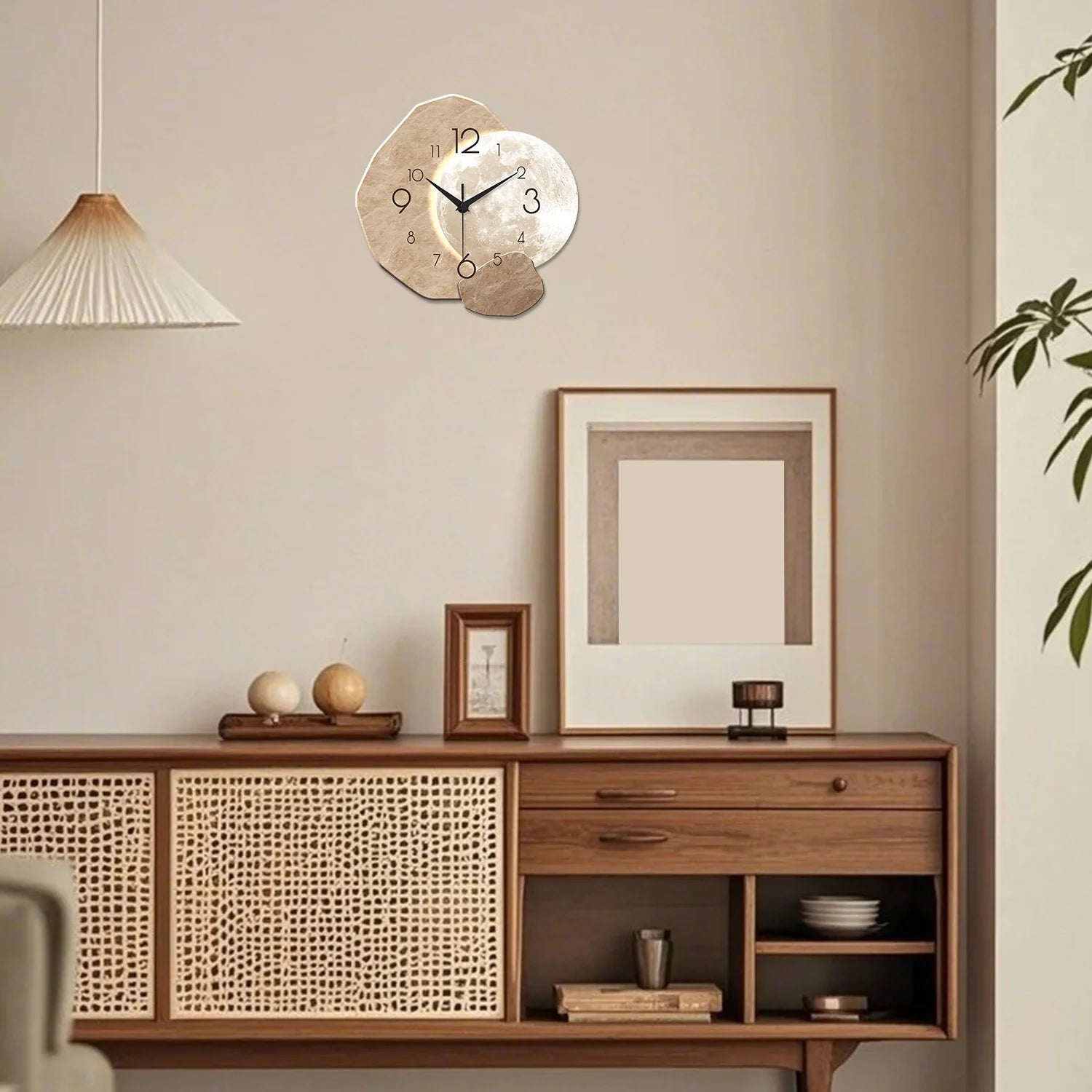 Luna moon wall clock in a warm interior with timber furniture — silent quartz clock, Japandi wall decor Australia