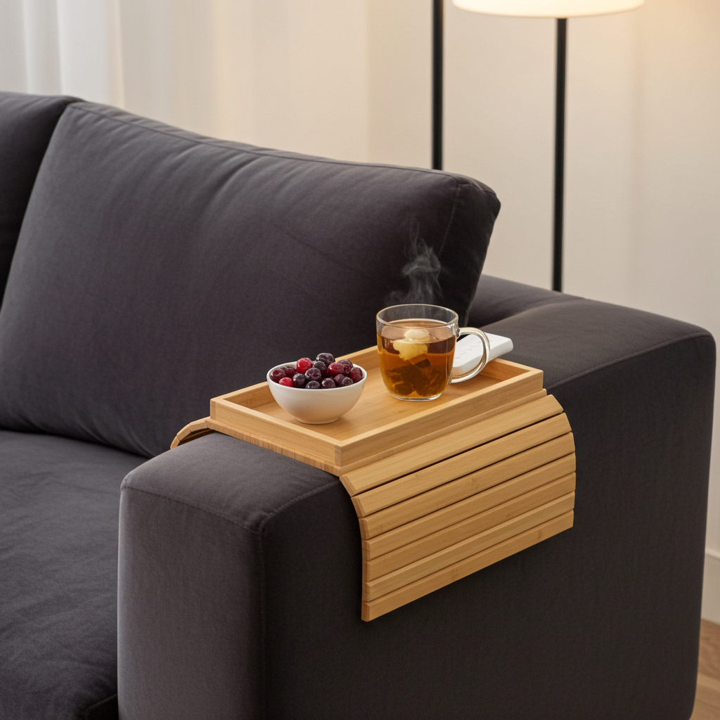 Solid wood sofa arm tray — minimalist wooden armrest tray for Japandi living rooms Australia