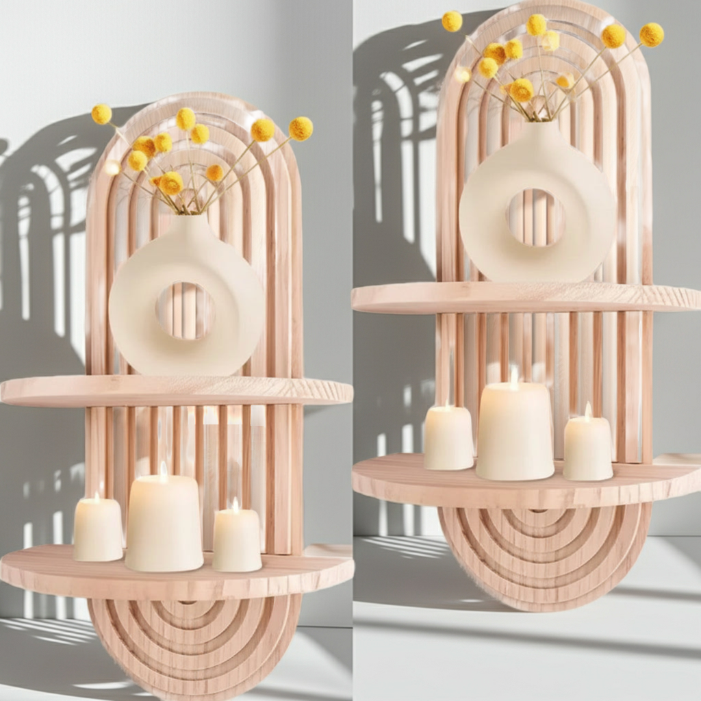 Wooden wall shelf styled with candle and ceramic vase — minimalist Japandi interior