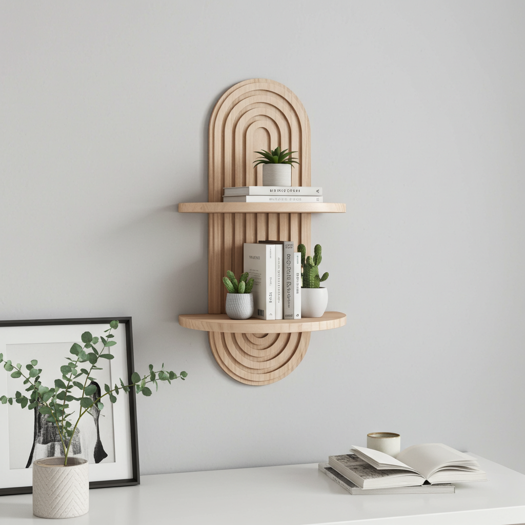 Curved Wooden Wall Shelf – Japandi Candle & Vase Holder