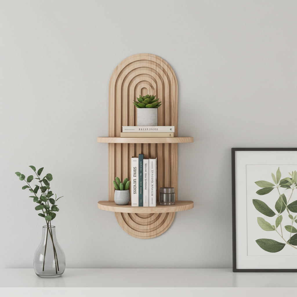 Curved Wooden Wall Shelf – Japandi Candle & Vase Holder