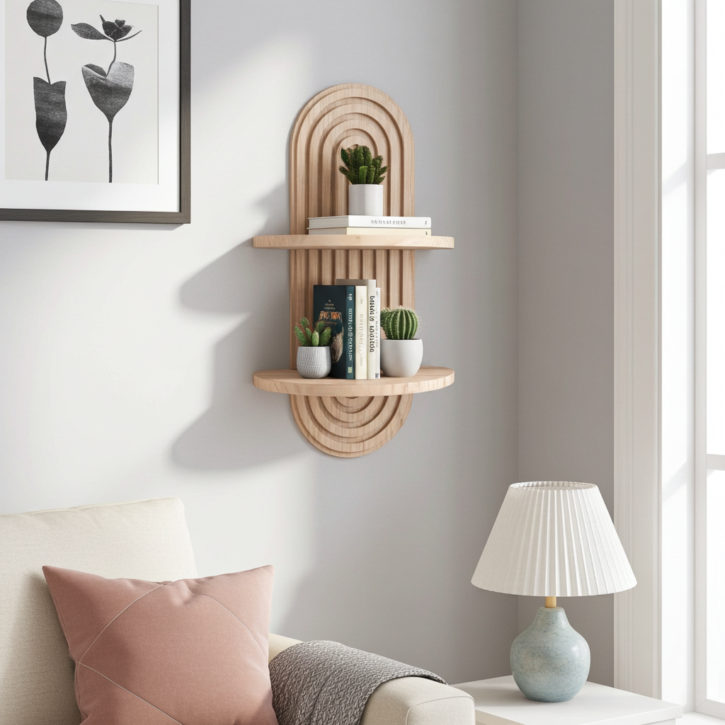 Wooden wall shelf — curved solid wood candle and vase holder, Japandi wall decor Australia