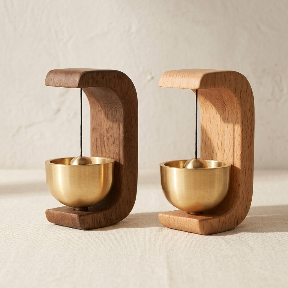 Magnetic Wooden Door Bell — beech and walnut variants on linen surface