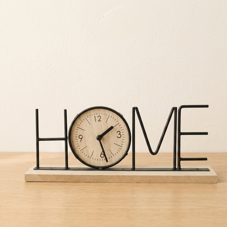 HOME word ornament — black metal letters on wooden base with clock, Varme Luxe