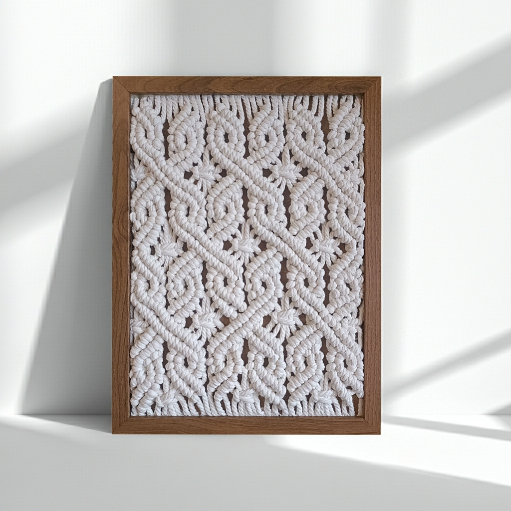 Handwoven wall tapestry styled on wall — minimalist Japandi interior