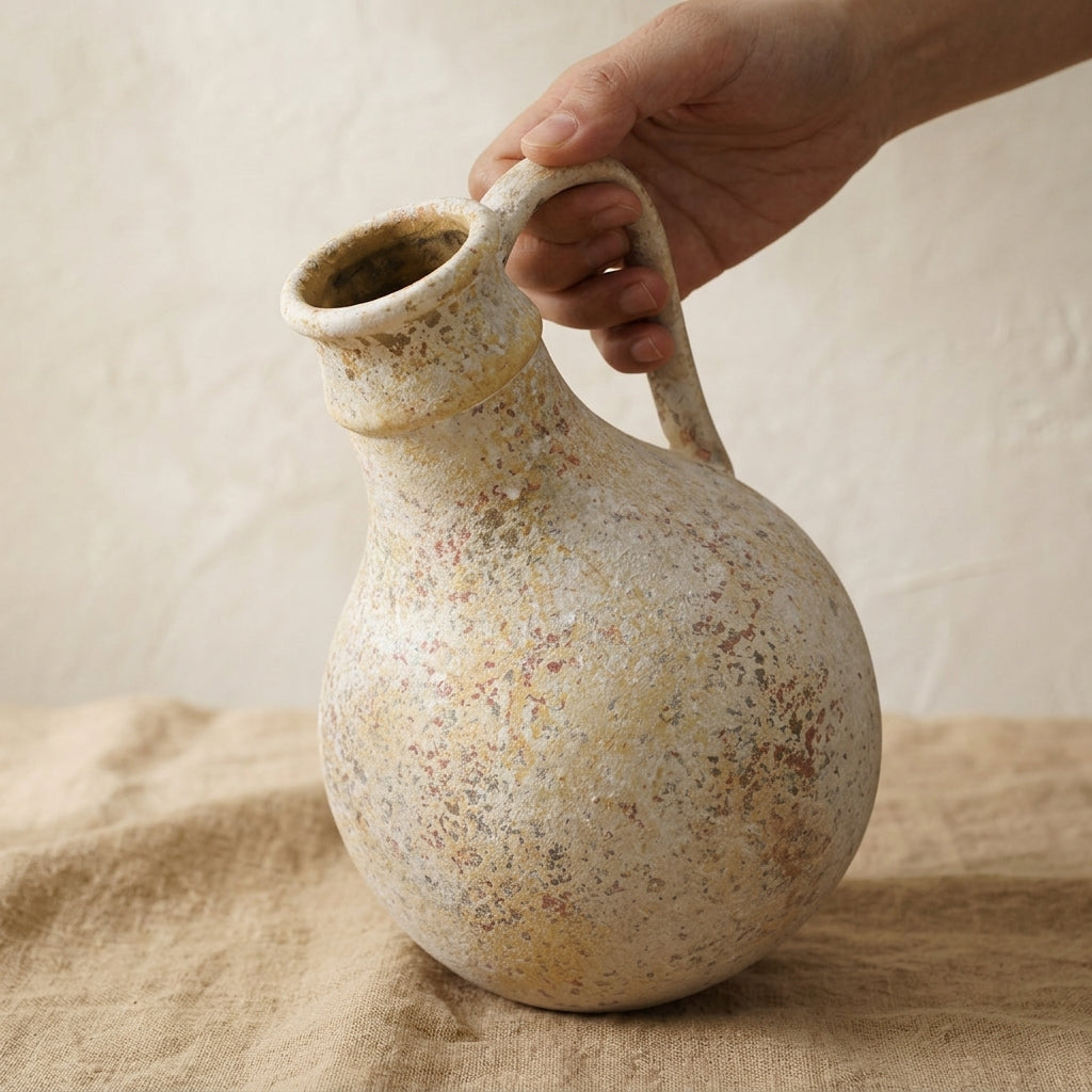 Hand holding wabi-sabi pitcher vase showing scale
