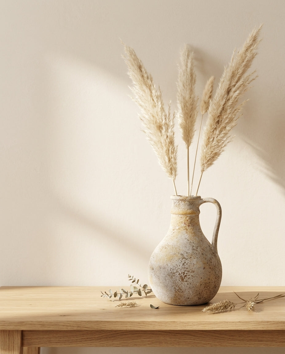 Pitcher vase with dried pampas on oak console table