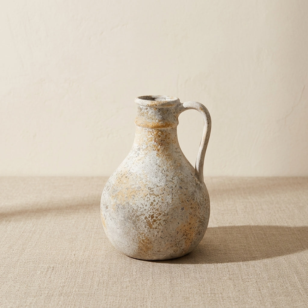 Rustic wabi-sabi pitcher vase on linen against cream plaster wall