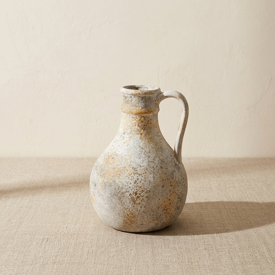 Rustic wabi-sabi pitcher vase on linen against cream plaster wall